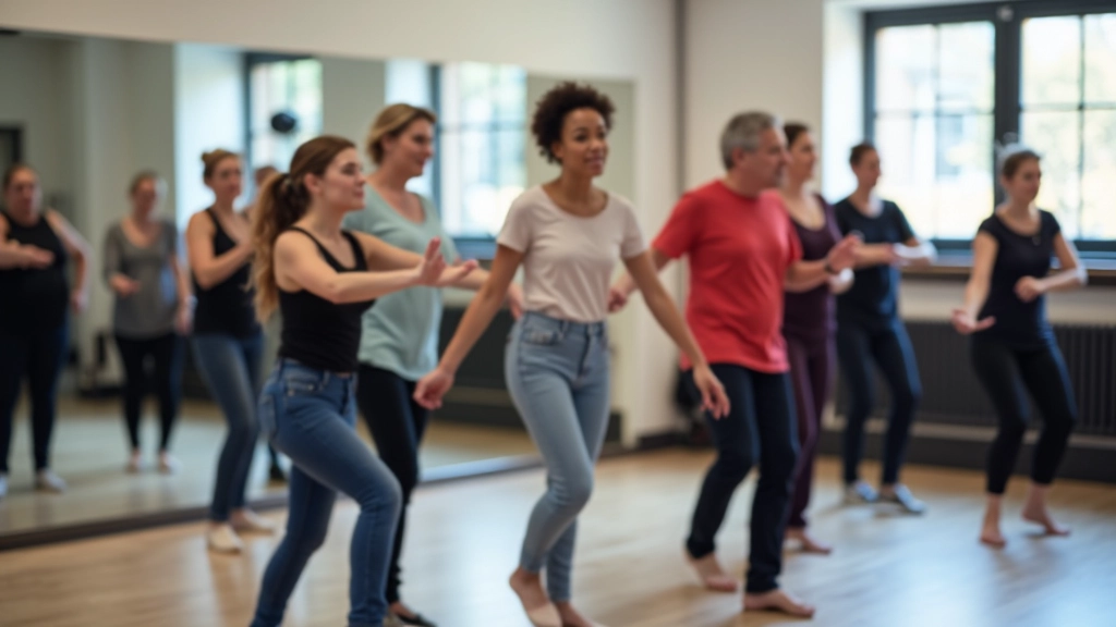 Group of mature adults learning dance in beginner class with instructor guidance