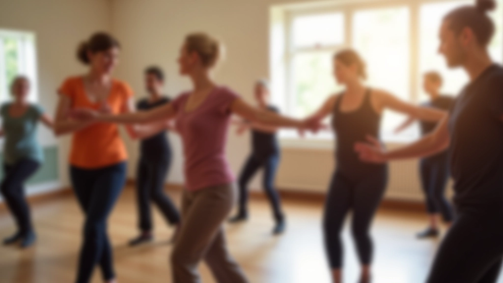 Small group dance class with instructor demonstrating bachata technique to attentive students