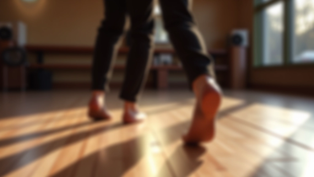 Close-up of feet and lower body showing proper dance footwork and stepping technique during a lesson