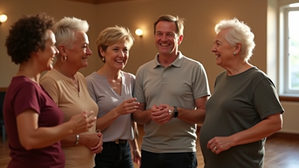 Diverse group of adults aged 50+ laughing and connecting during a social dance gathering
