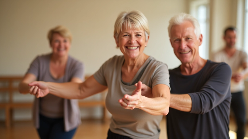 Group of mature adults smiling and dancing together in dance class, clearly enjoying themselves