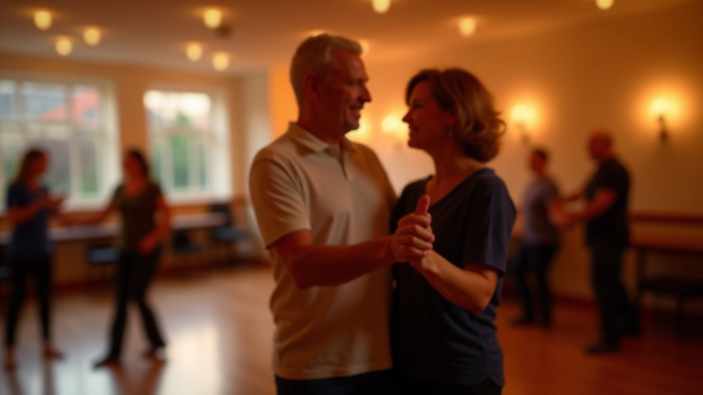 Mature adult dancers in a bright studio smiling while learning together