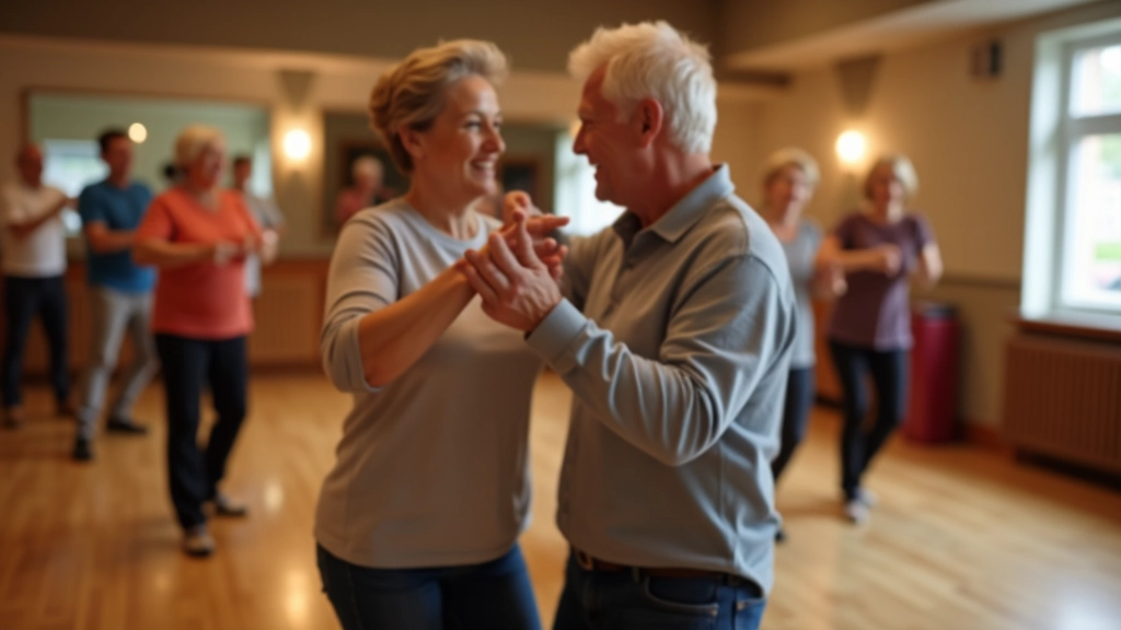 Group of mature adults dancing salsa together in a bright studio with warm lighting and encouraging atmosphere