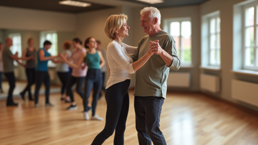 Mature couple dancing bachata together in a bright dance studio with wooden floors, warm lighting