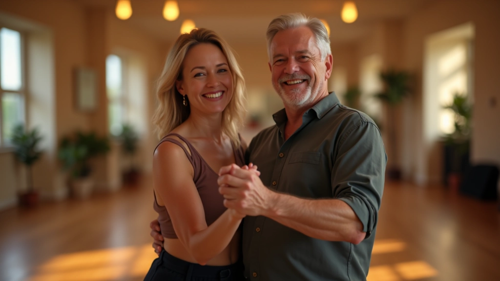 Mature couple dancing salsa with smiles and confidence in a welcoming studio environment
