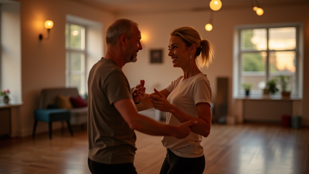 Mature man and woman dancing together with smiles, demonstrating proper posture and movement technique