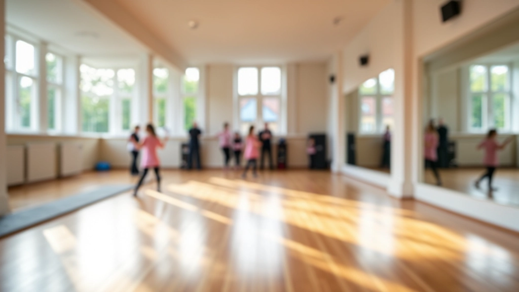 Dance studio interior with wooden flooring, wall mirrors, and welcoming entrance area